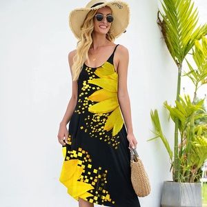 🌻 Sunflower Women’s Casual Summer Midi Dress Sleeveless with Pockets in Black